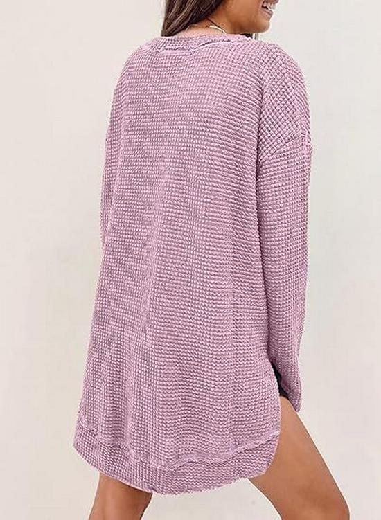 2025 European & American Waffle Knit Round Neck Long Sleeve Slit Solid Color Top for Women