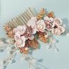 Handmade Forest Bridal Hair Comb With Gold Leaves And Pink Flowers Elegant Wedding Updo Hair Accessories For Brides