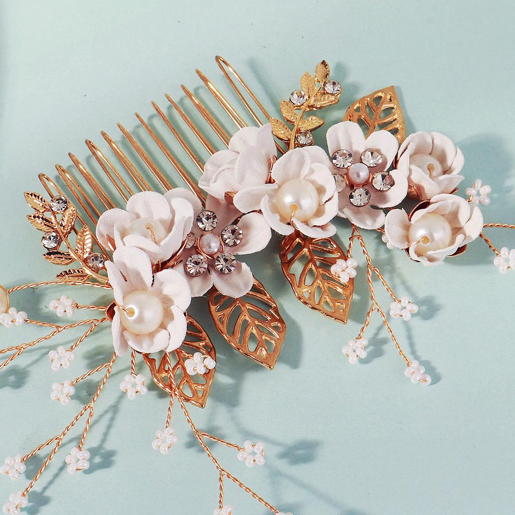 Handmade Forest Bridal Hair Comb With Gold Leaves And Pink Flowers Elegant Wedding Updo Hair Accessories For Brides