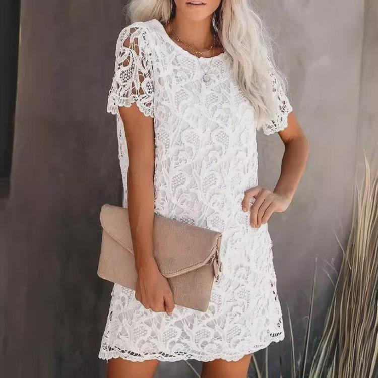 Hollow Lace Fashion European American Midi Skirt Round Neck