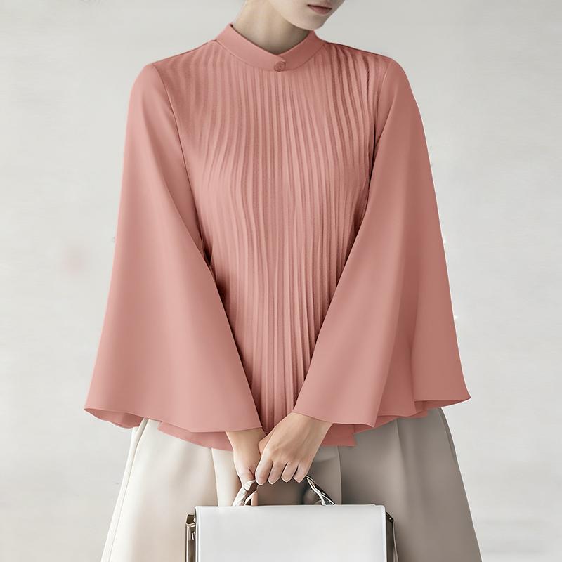 ZANZEA Blouse ample décontractée à manches longues évasées et col montant pour femmes