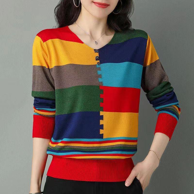 Women's Thin Knitted Sweater Long Sleeve Colorblock Thin Pullover V-neck Knit Loose Top