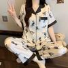 Girl Cute Cat Ice Silk Pajamas Women'S Summer Short Sleeves Trousers Premium Loungewear