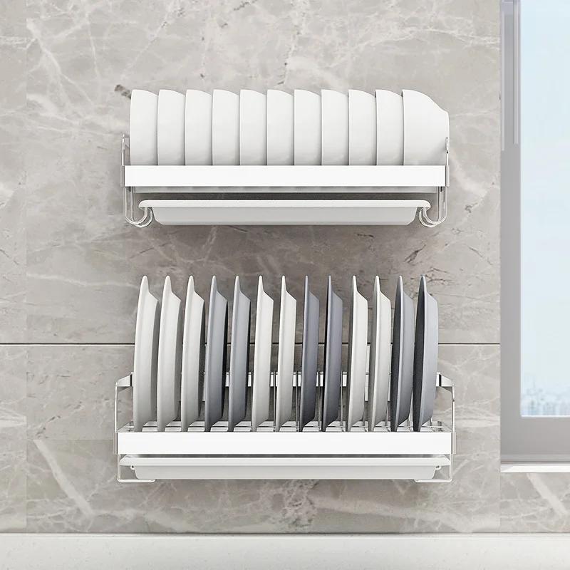 Dish Drying Rack 304 Stainless Steel Wall Mounted Kitchen Organizer Drain Holder Plate Storage Shelf Sink Drainer Cutlery Box