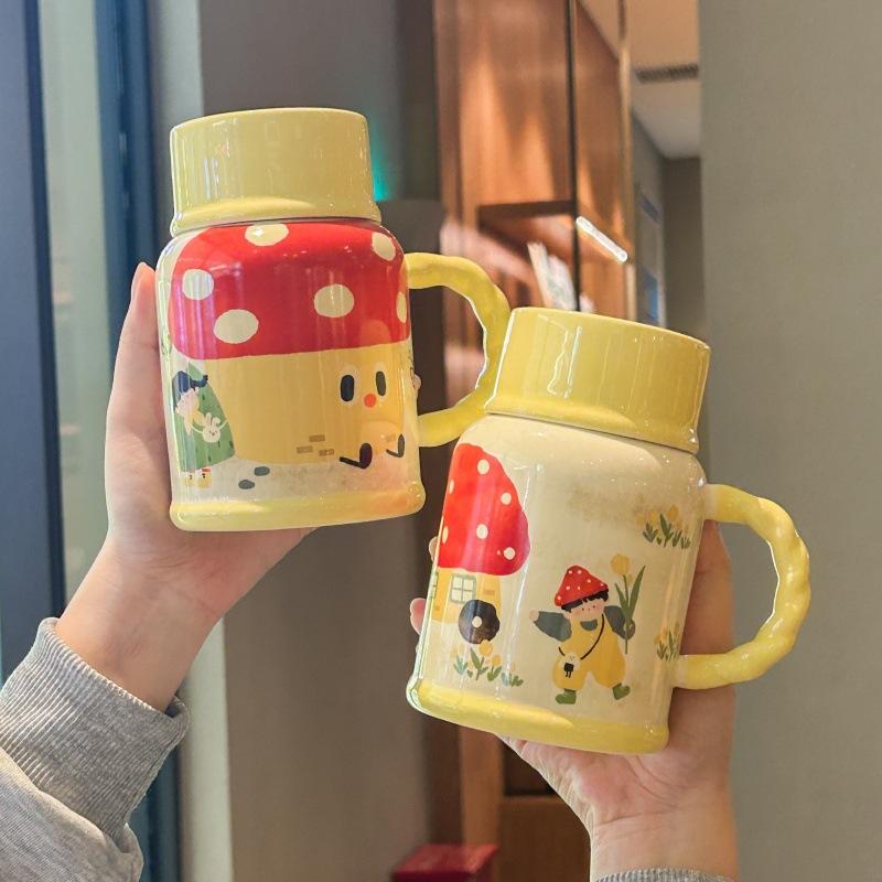 Cute retro kettle high value boys and girls ceramic mug with lid large capacity water cup birthday gift practical