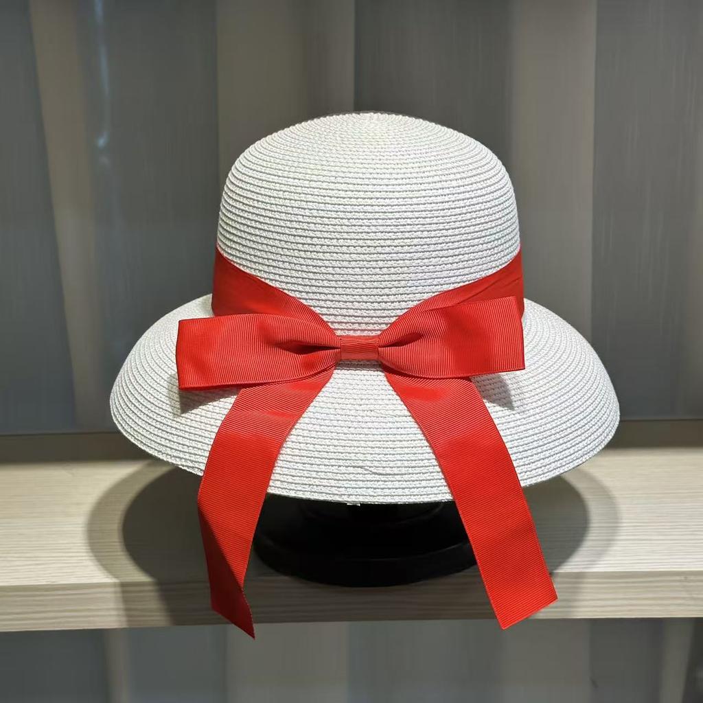 French Hepburn bow ribbon sun hat women's straw hat beach hat women's big brim hat sun hat beach fedora vacation travel sun hat