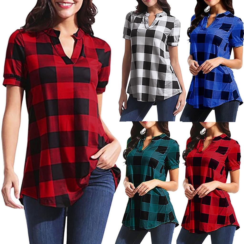 Frauen Casual Plaid Gedruckt Kurzarm V-ausschnitt Unregelmäßigen Saum Bluse T-Shirt Tops