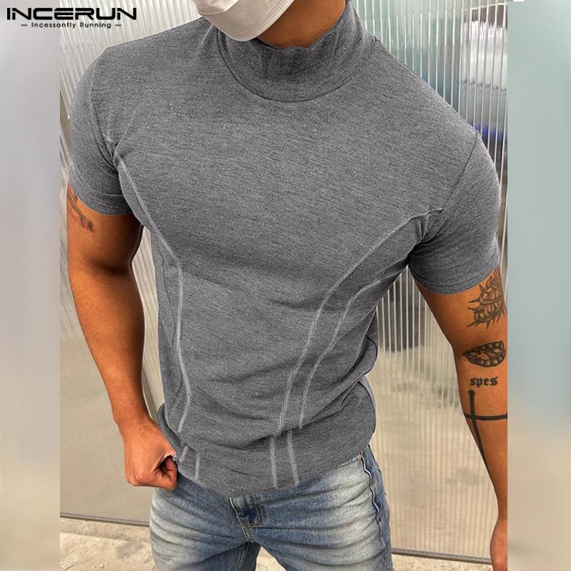INCERUN Men Mockneck Short Sleeve Solid Color Casual Fittd T-shirts Tops