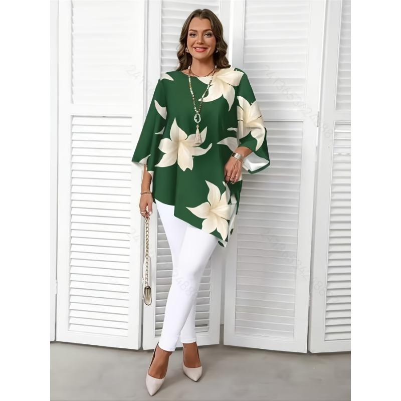 Large Size Print Is Irregular. Mid-length Sleeve Crew Neck Top