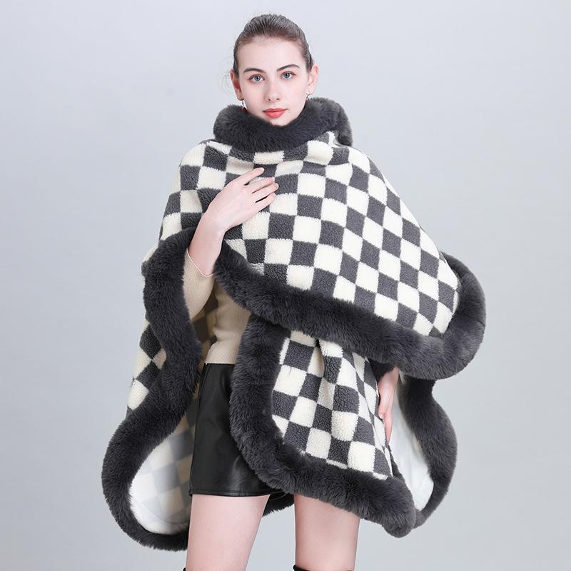 Fashion Scarf Shawl Thickened Plaid Fur Collar Cape Shawl 0982 #