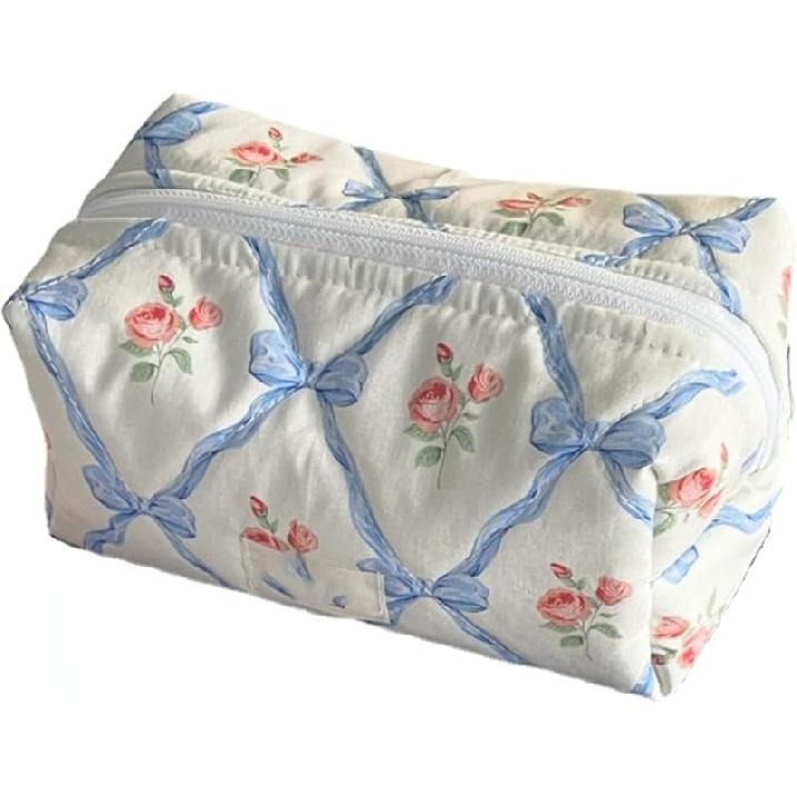 Cute Quilted Bow Y2k Makeup Bag Coquette Small Pouch Preppy Floral Heart Cosmetic Bag Toiletry Organizer Bag (Color03)