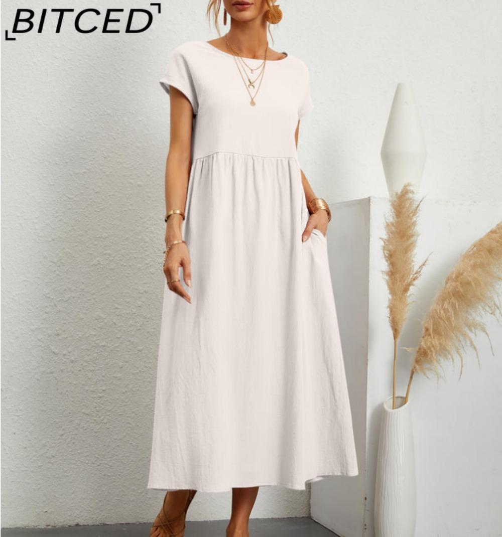 

BITCED Летнее повседневное свободное платье для женщин с коротким рукавом, О-образным вырезом, А-силуэтом, женское платье с карманом, офисные женские платья из хлопка и льна M белый