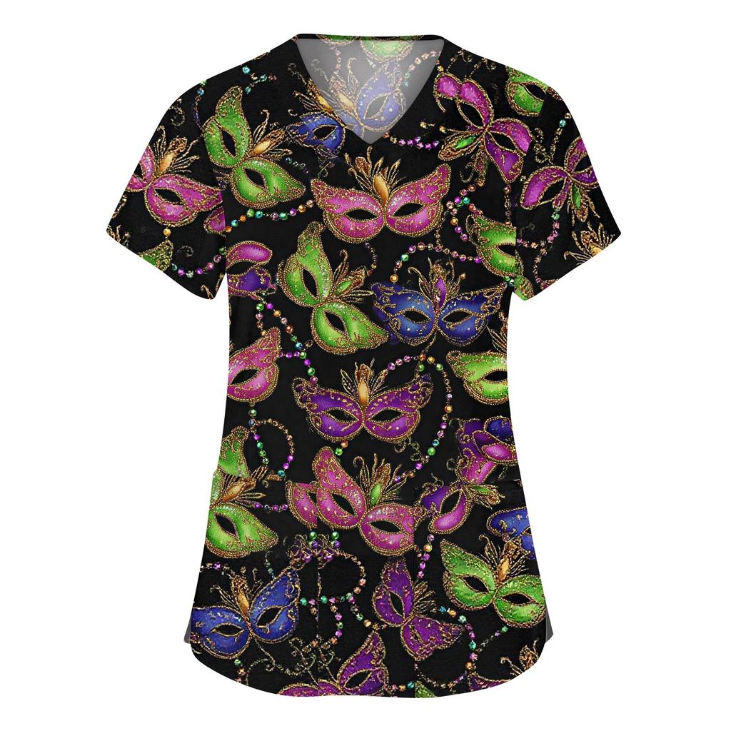 Modische Arbeitskleidung für Damen mit V-Ausschnitt, kurzen Ärmeln und bedruckten Taschen