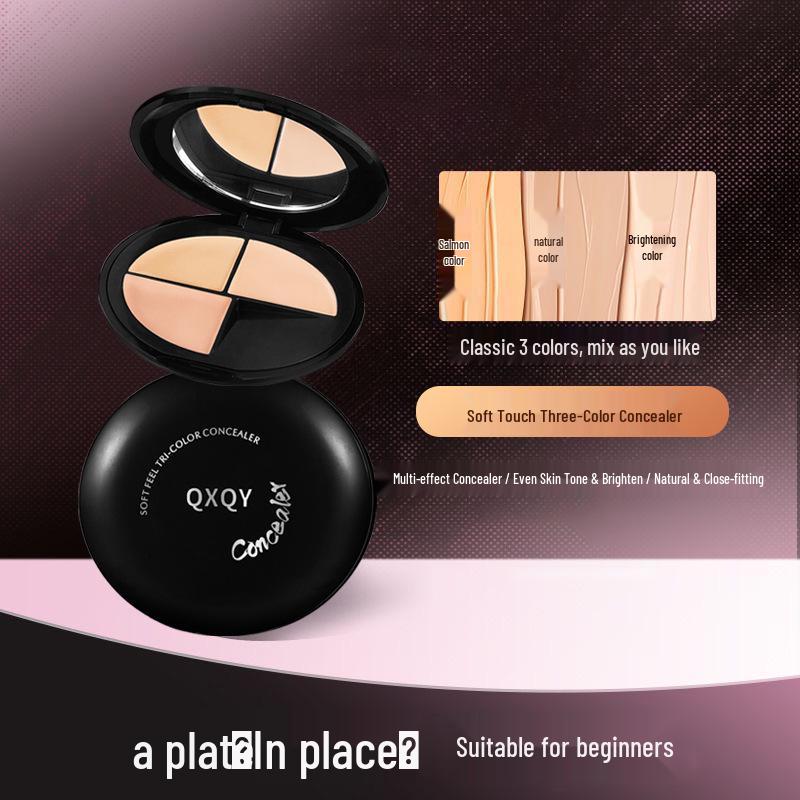 QXQY Soft Touch Three-Color Concealer: Natural Skin Tone Correction, Dark Circle Coverage, Face Brightening, Flawless Base Makeup.