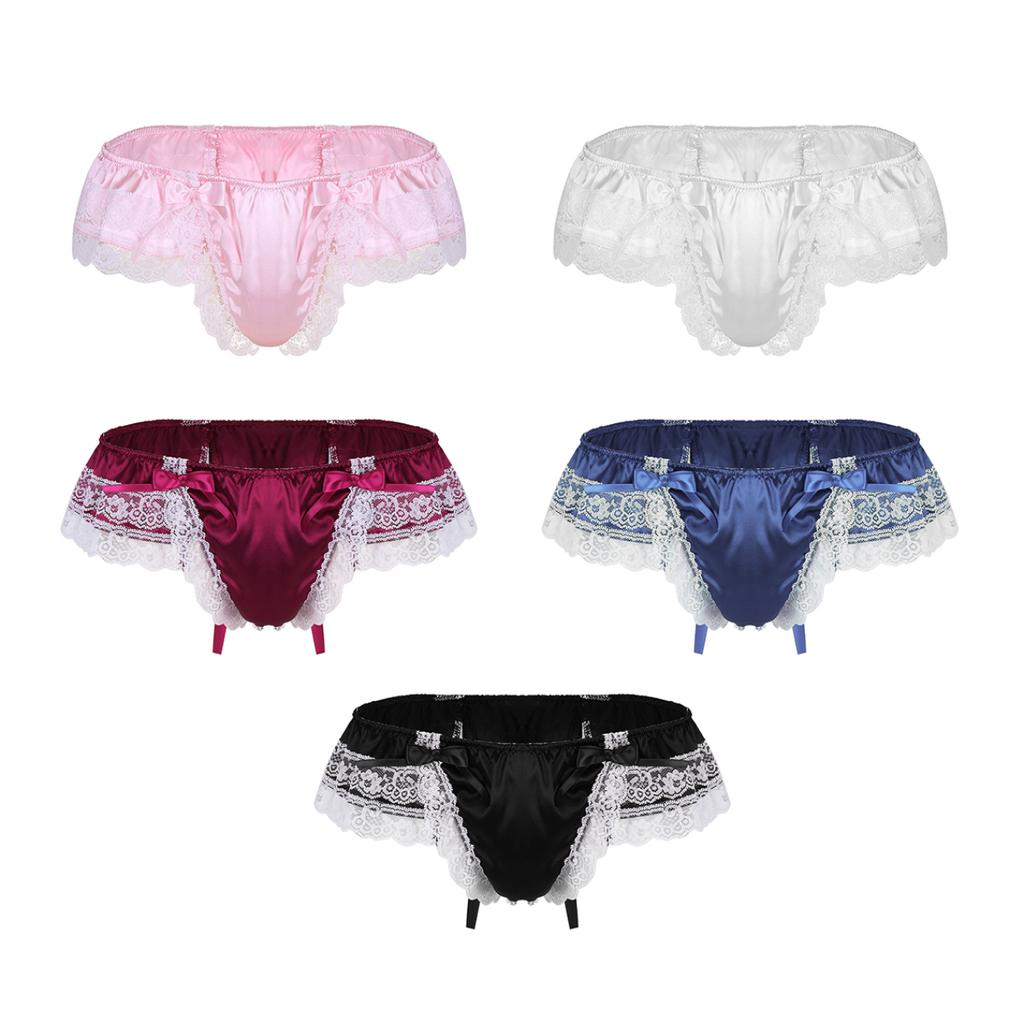 Men's Sissy Frilly Ruffled Lace Trim Crossdress Underwear G-String Thongs Briefs Panties
