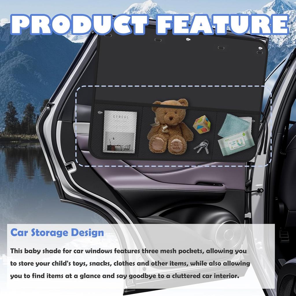 2PCS Suction Cup Car Window Shade For Baby,Upgraded Window Shade For Baby In Car With 3 Mesh Pockets For Storing Toys/Umbrellas,Foldable &