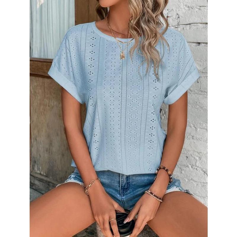 Fashion Casual Bat Short Sleeves Hollow Blouse Women O Neck Loose Summer T Shirts Female Office Tops Sweet Embroidery Solid Color Elegant Clothing