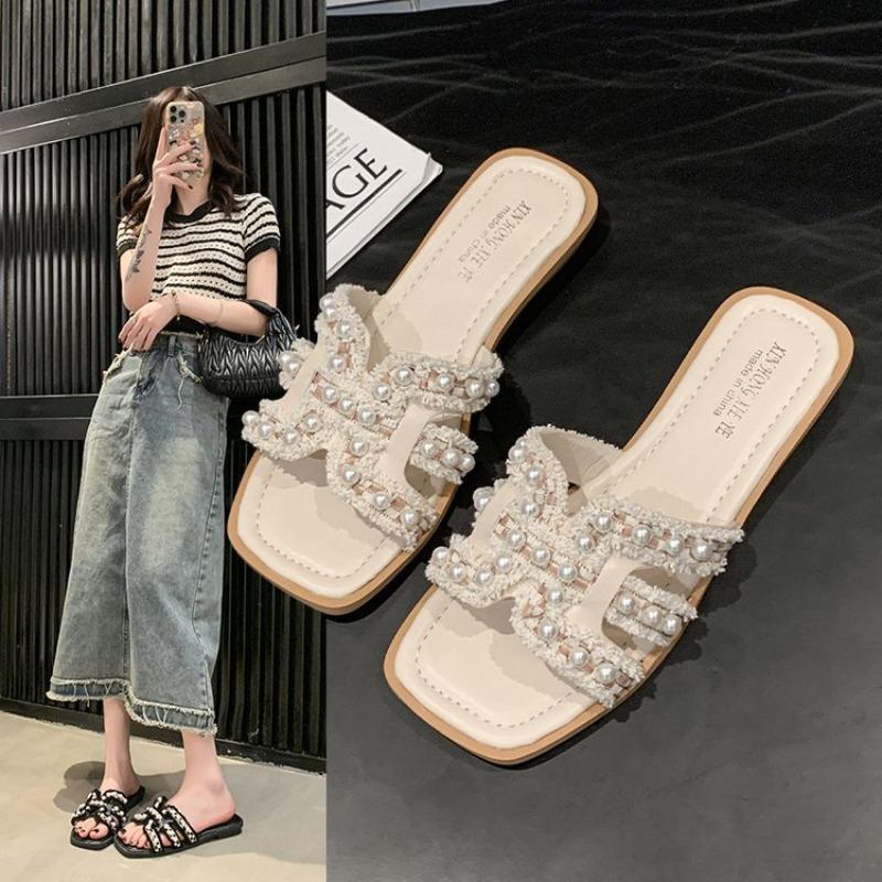 Fashion 2025 Summer Fashion New Sexy Casual Comfortable Solid Color Crystal Sandals Square Toe Flat Heel Slippers Zapatos Mujer