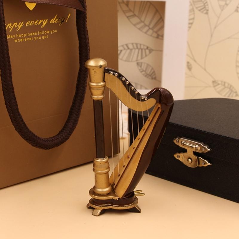 Wooden Miniature Harp Model with Black Gift Case Musical Instrument Model Musical Gifts Ornaments Decorations