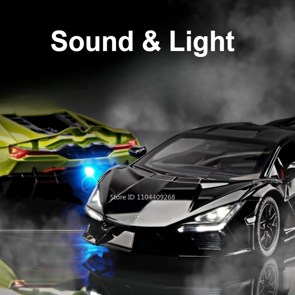 1:24 Scale Lambor Revuelto Car Model Toy Alloy Diecast Sound Light Pull Back Steering Shock Absorber Models Ornaments Gifts