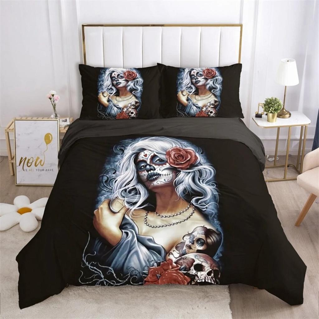 Sugar Skull Duvet Cover Gothic Skull Skeleton Bedding Set Horror Theme Comforter Cover Full King For Teens Adults Bedroom Decor