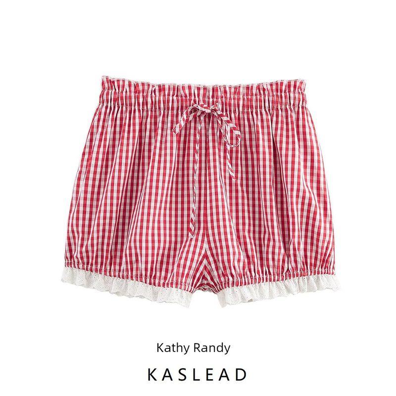 Kaslead New Arrival Women's Clothing Fashion Style Stylish Simple and Versatile Plaid Stitching Lace Shorts