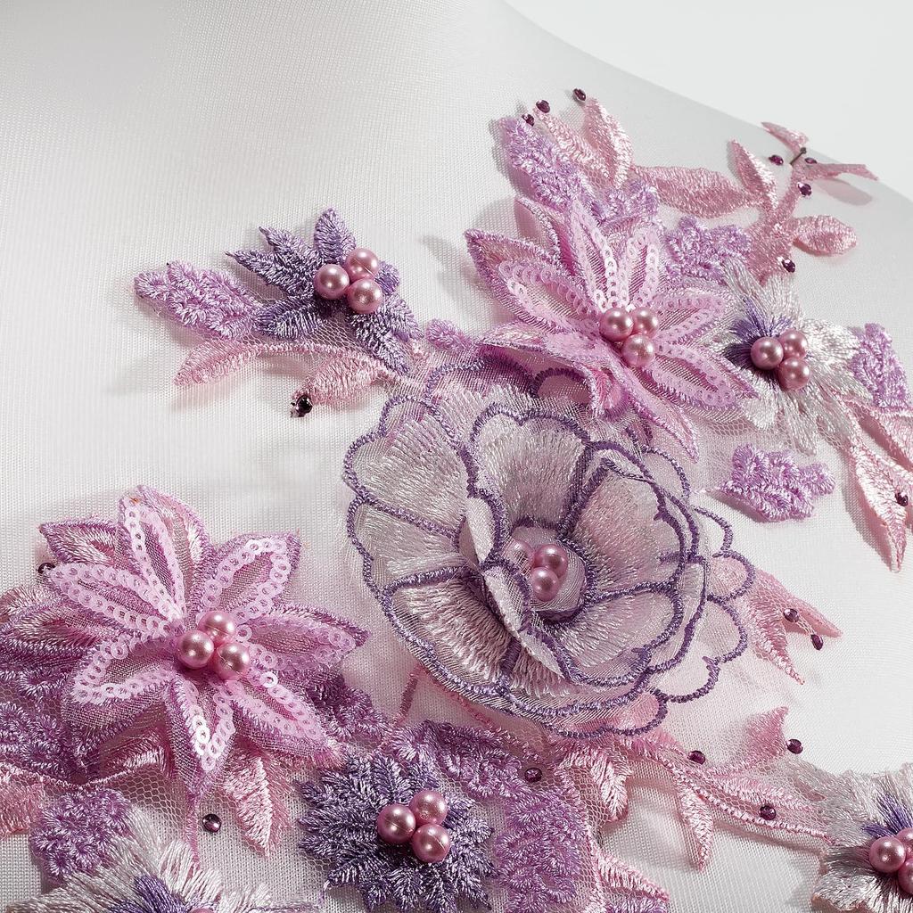 1Pcs Pink Purple Green Beaded Sequin Flower EmbroiderySewing Craft Lace Neckline Applique Trim Patch Repair Dress Bridal Gown Decor