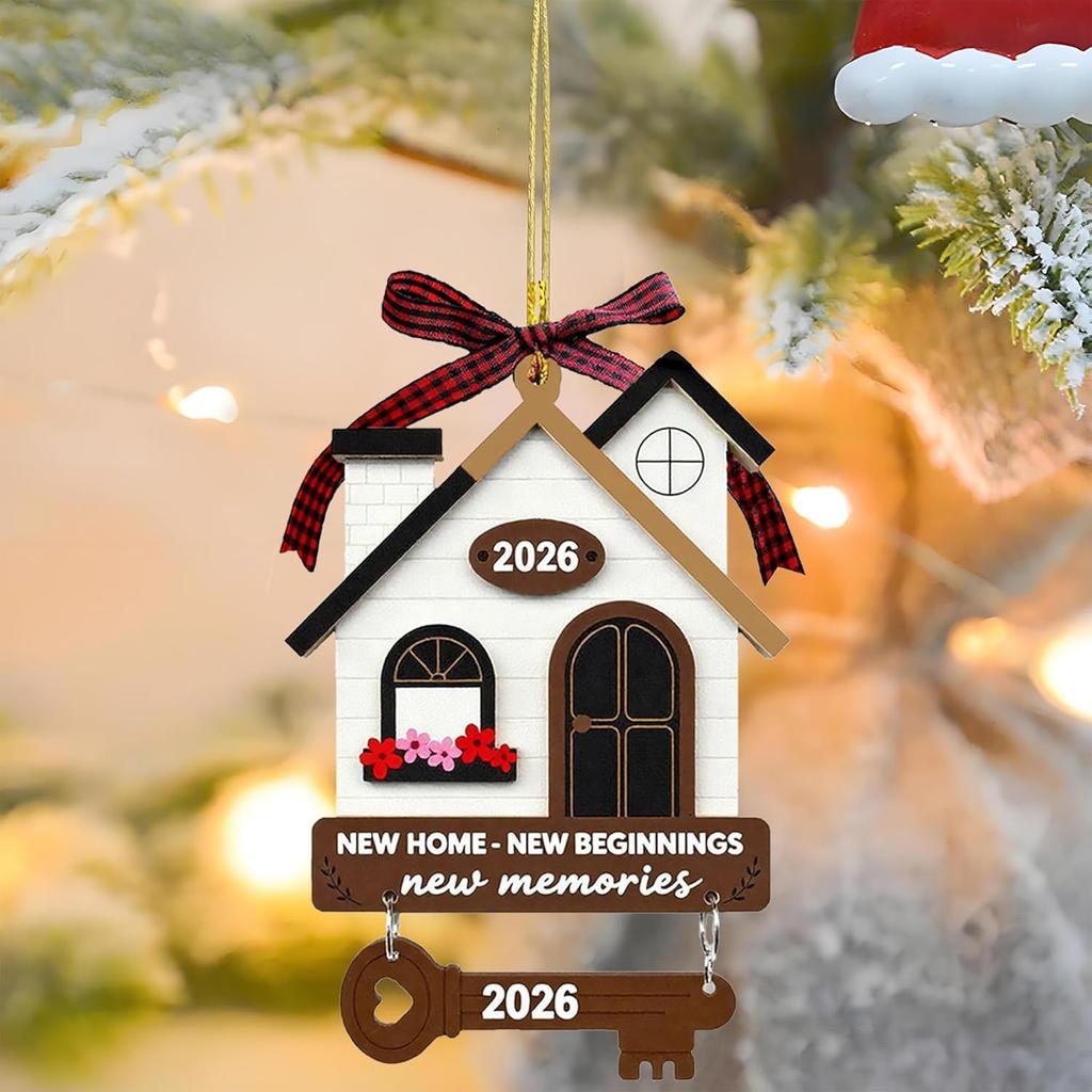 New Home Housewarming Gifts 2026 - Rustic Wood House Ornament with Key Charm & Buffalo Plaid Bow - 3.9" Closing Gift, Present for Homeowners Moving
