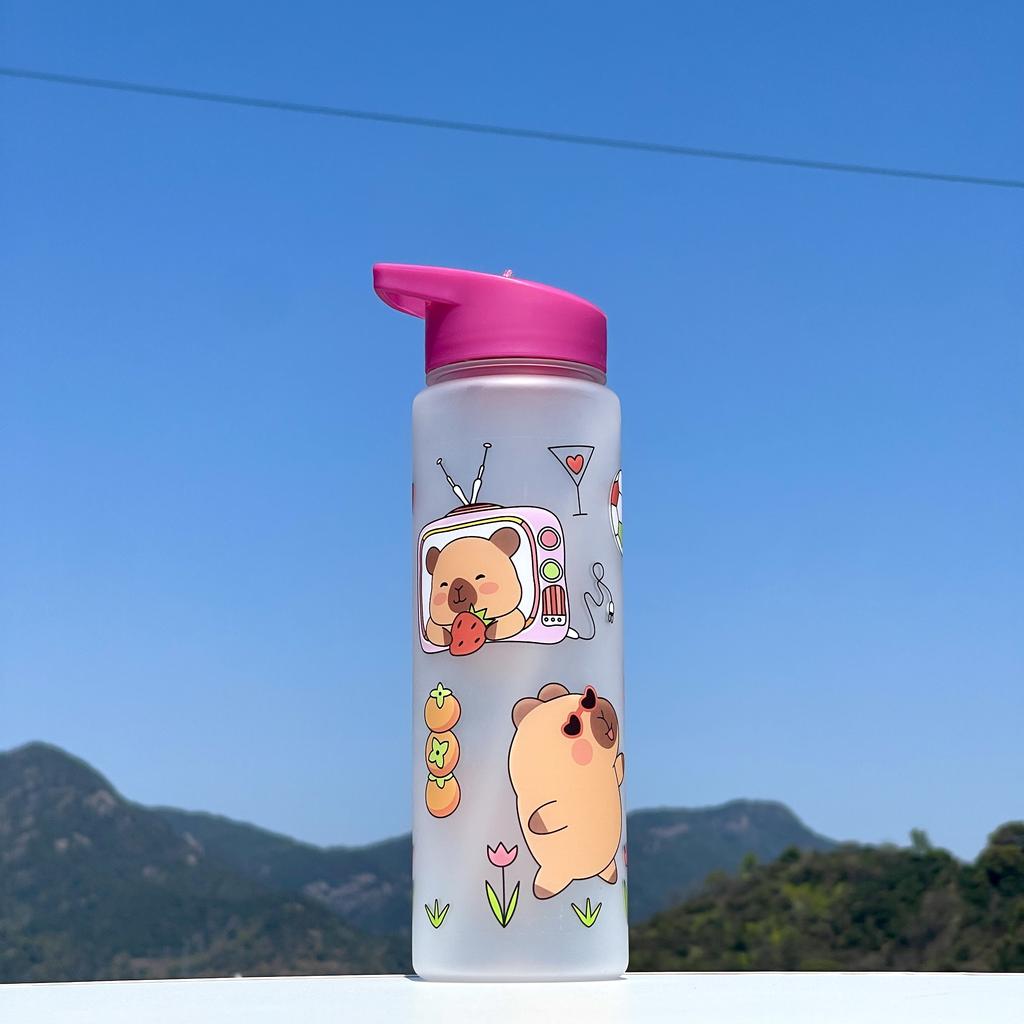 750ml Capybara Printed Water Bottle With Straw Sippy Cup Leakproof Plastic Water Bottles For Outdoor Sports Camping Drink Cup