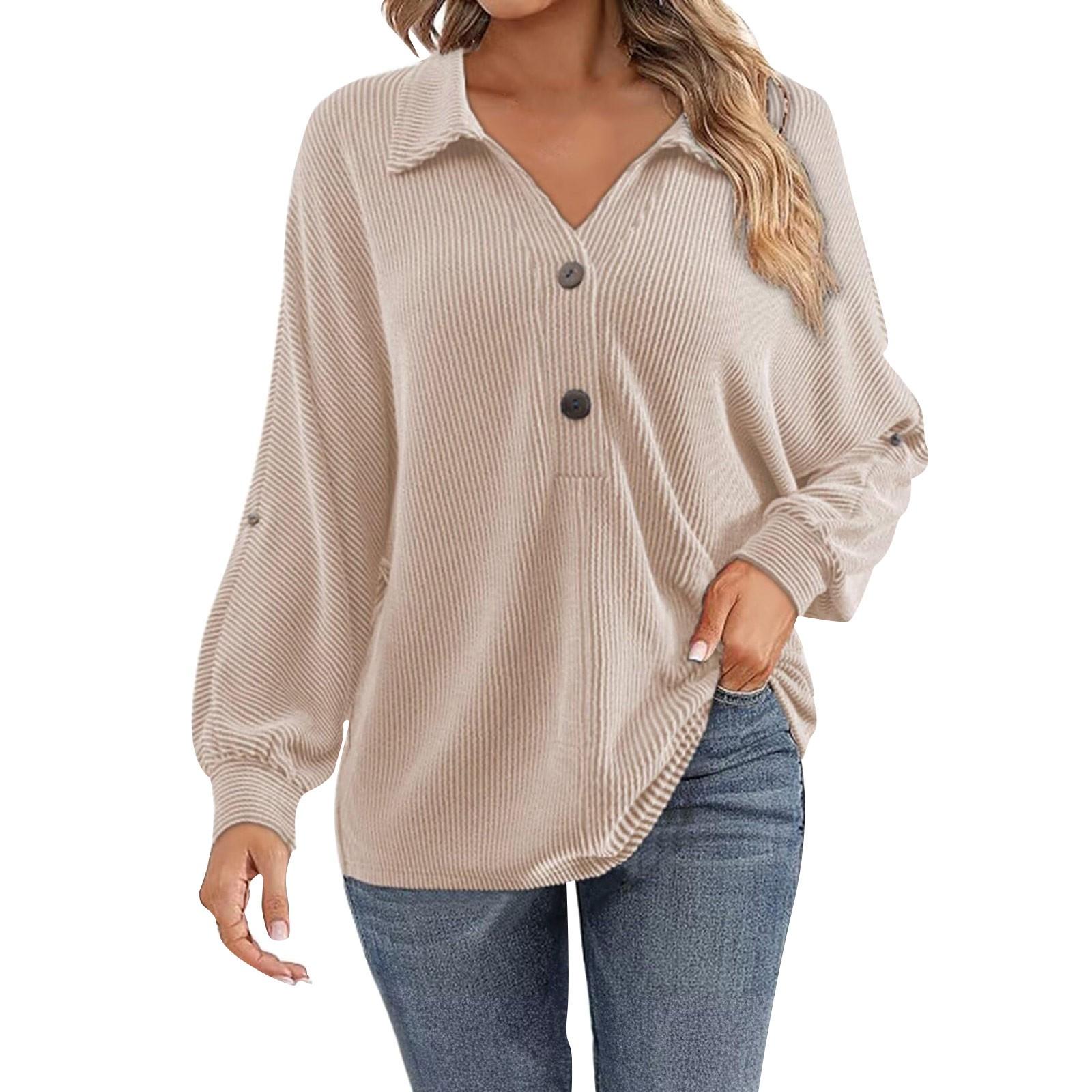 

Women s Fashion V-neck Button-down Long Sleeve Solid Color Shirt XXL бежевий