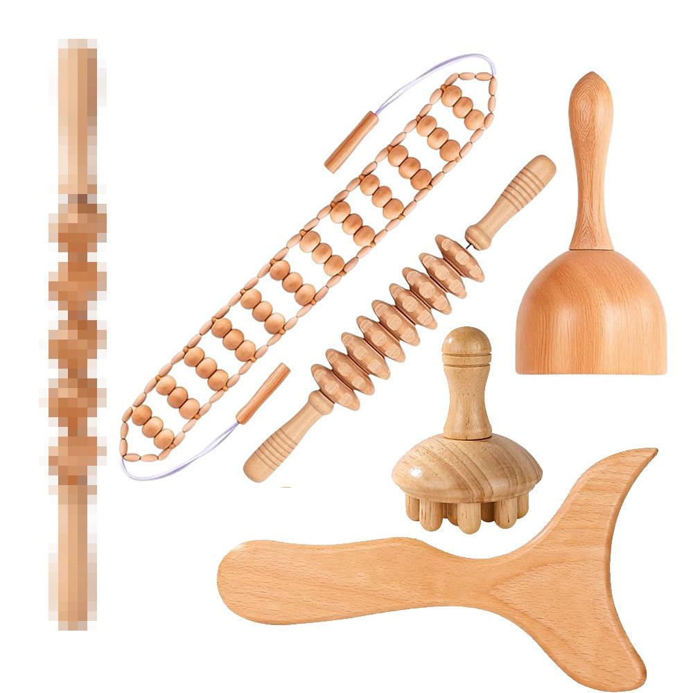 Solid Wood Meridian Massage Set: Face & Leg Gua Sha, Handheld Roller for Full Body Relief