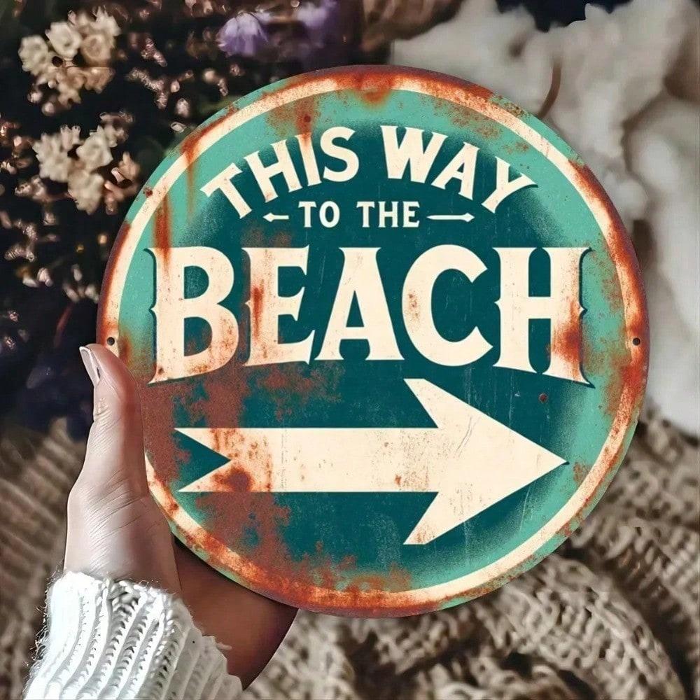 

Vintage Beach Metal Wall Art 8x8 Inch Round Aluminum Sign This Way To Beach Coastal Home Decor Bathroom 20x20 разноцветный