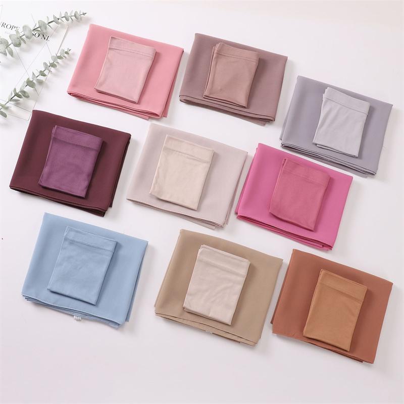 Muslim Chiffon Hijab Scarf for Women Long Solid Color Head Wrap with Muslim Turban Hat Ladies Muslim Veil Jersey Hijabs Scarves