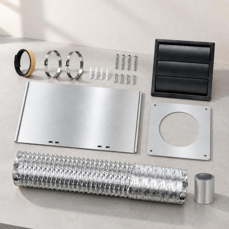 Dryer Exhaust Wall Outlet Package with Exterior Cover, Flexible Duct, Clamps, and Sealing Accessories for Air Routing