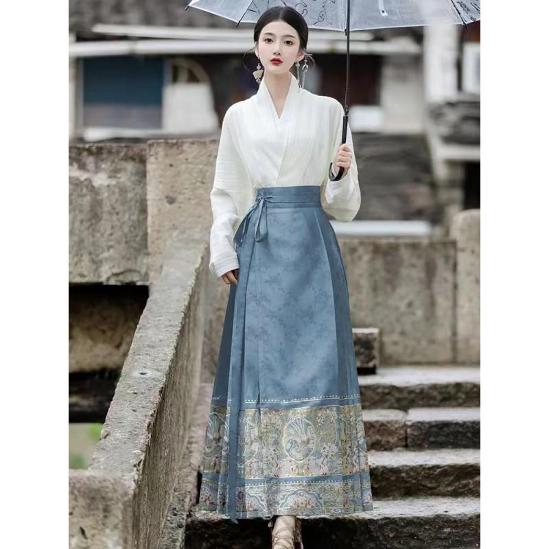Ming Dynasty Inspired Hanfu Set Womens Embroidered Inner Collar Top Horse-Face Skirt Winter Daily Wear