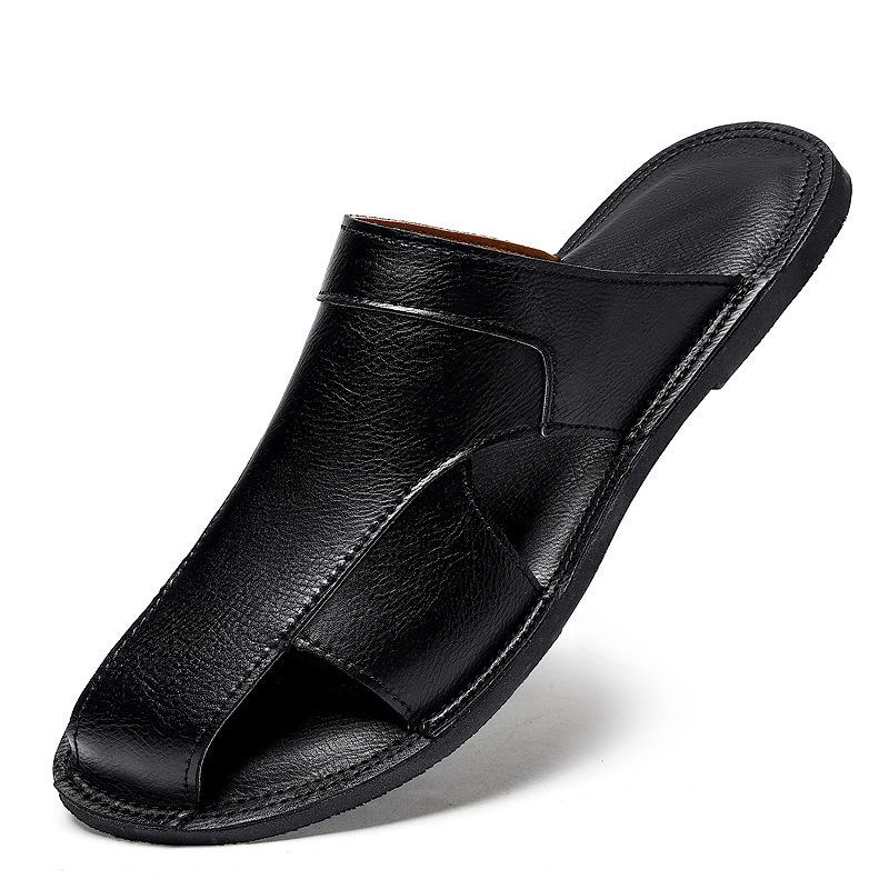 Men's Versatile Genuine Leather Beach Sandals, Sizes 46-47, Soft Sole Cowhide Summer Thong Slippers