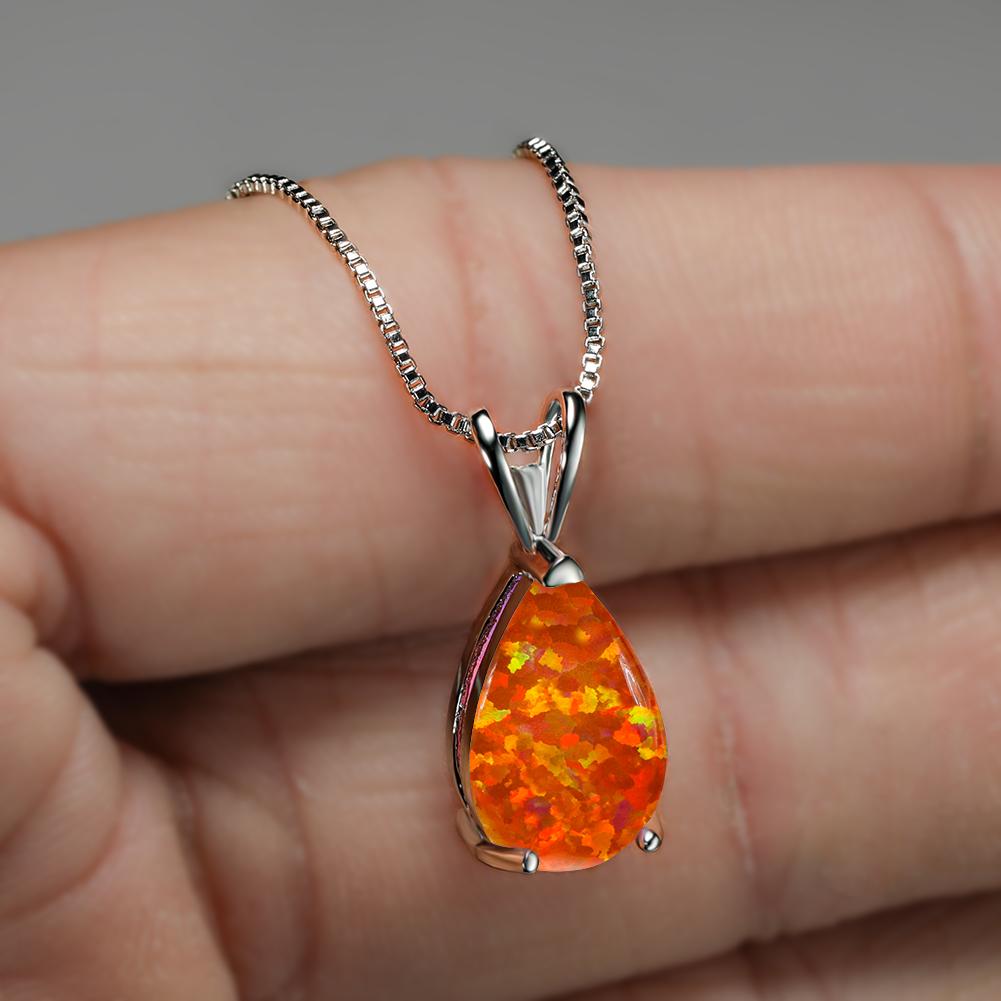 Pear Cut Rainbow Blue Purple Pink Orange Green Fire Opal Necklaces For Women Silver Color White Stone Pendant Wedding Jewelry