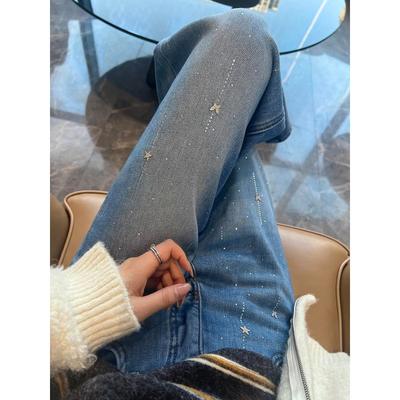 Amerikanischer Stil Schmetterling Strass Gerade Bein Jeans für Damen, Neues Frühlingsmodell, Große Größen für Mollige Mädchen, High-Waist Locker Weit Bein Hose