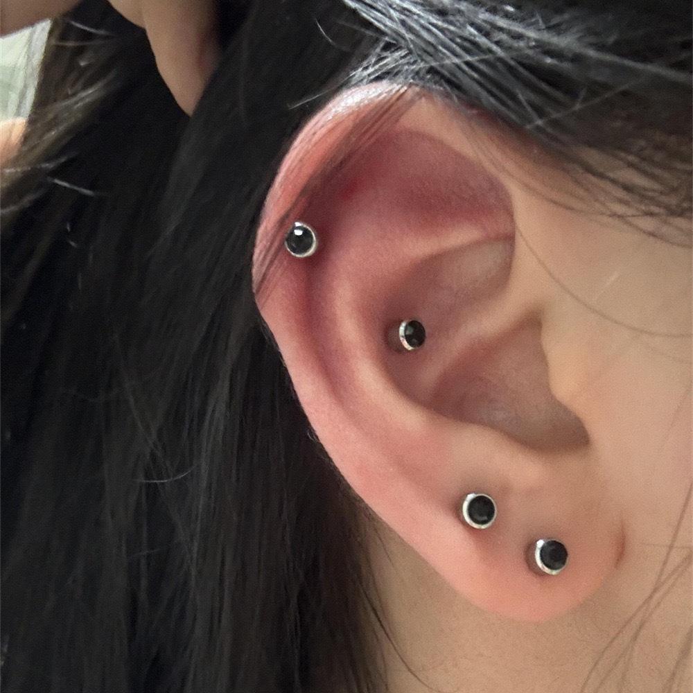 Black agate stud earrings women s S silver retro minimalist niche high-end light luxury earbone studs cochlear studs earrings earrings