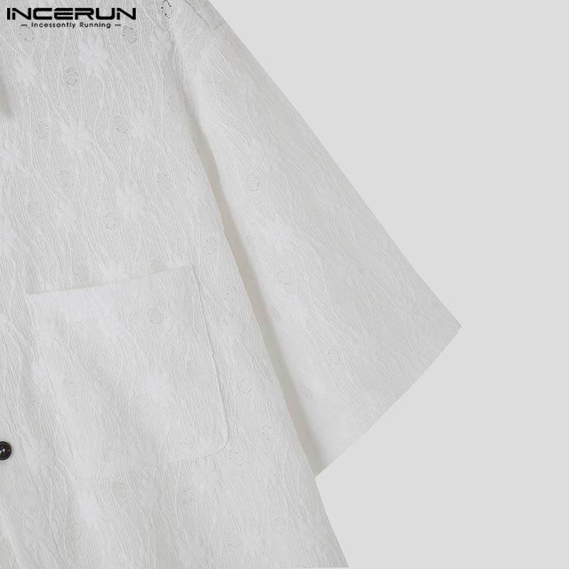 INCERUN Men Floral Short Sleeve See Through Tops Summer Lapel Neck Buttons Texture Shirts