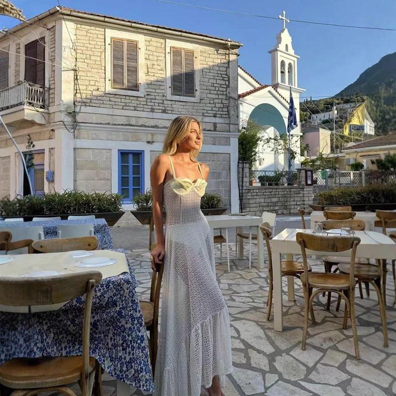 European and American Design Flower Lace Large a Swing Perspective Sling Solid Frill Dress