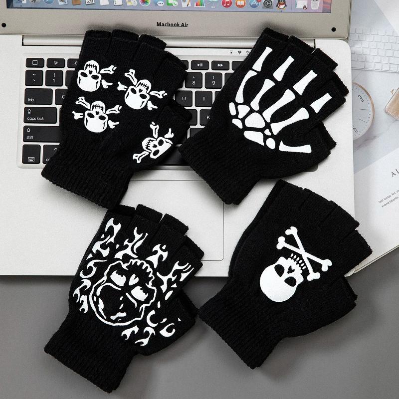 1 Pair New Kids Halloween Skeleton Skull Half Finger Luminous Punk Gloves Winter Skull Fingerless Black Mitten