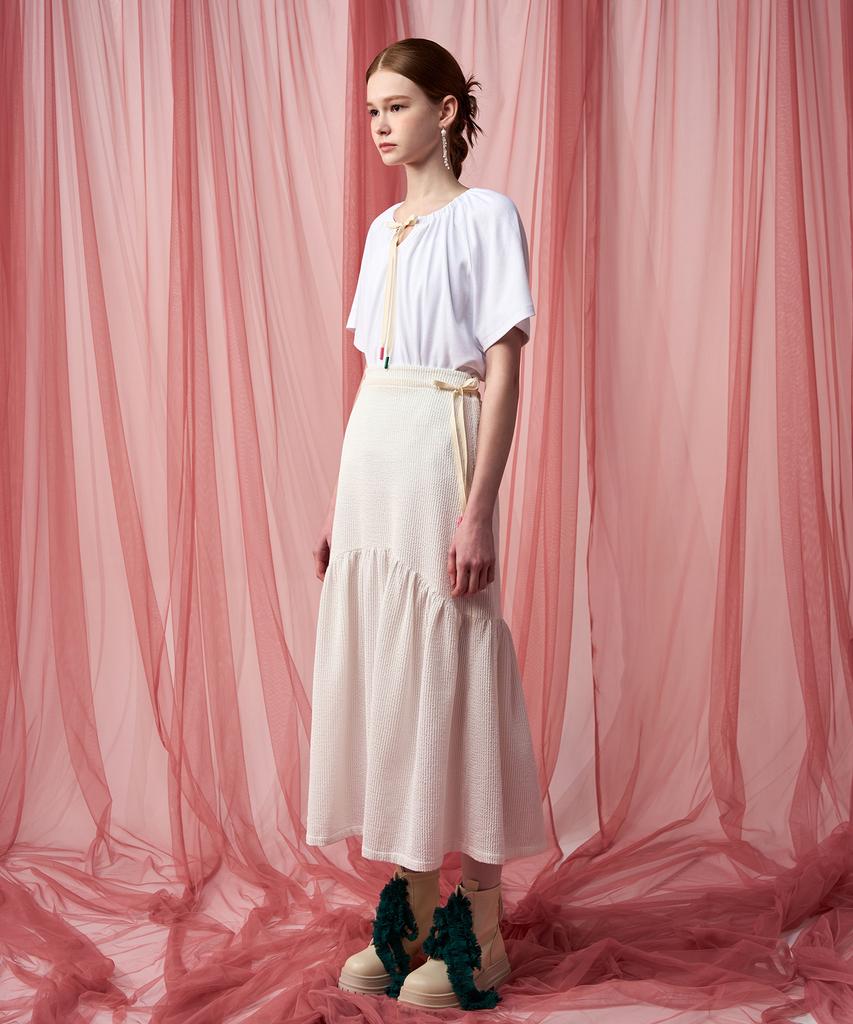 Pelimela Seersucker Flare Long Skirt (White)