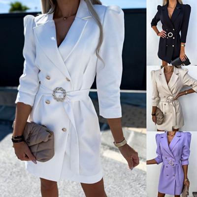 Tooxika Women's New OL Commuter Suit Collar Double-breasted Waist Solid Color Slim Dress With Belt