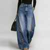 Damen gewaschen blau High-Waist Metallösen Weiter Bein Jeans Lässig Lockerer Schnitt Streetwear Denim Hose