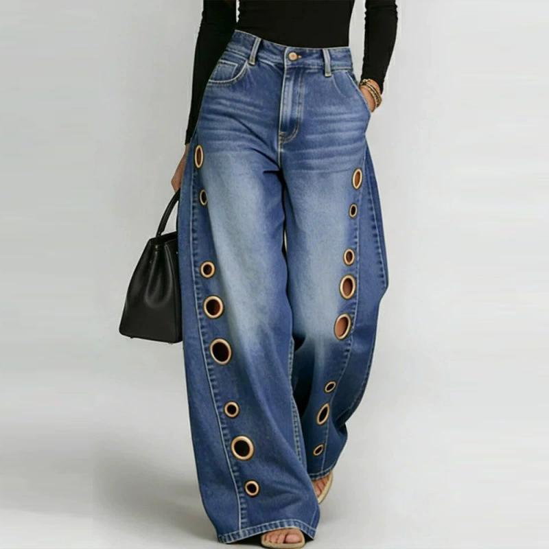 Women's Washed Blue High-Waist Metal Grommet Wide Leg Jeans Casual Loose Fit Streetwear Denim Pants