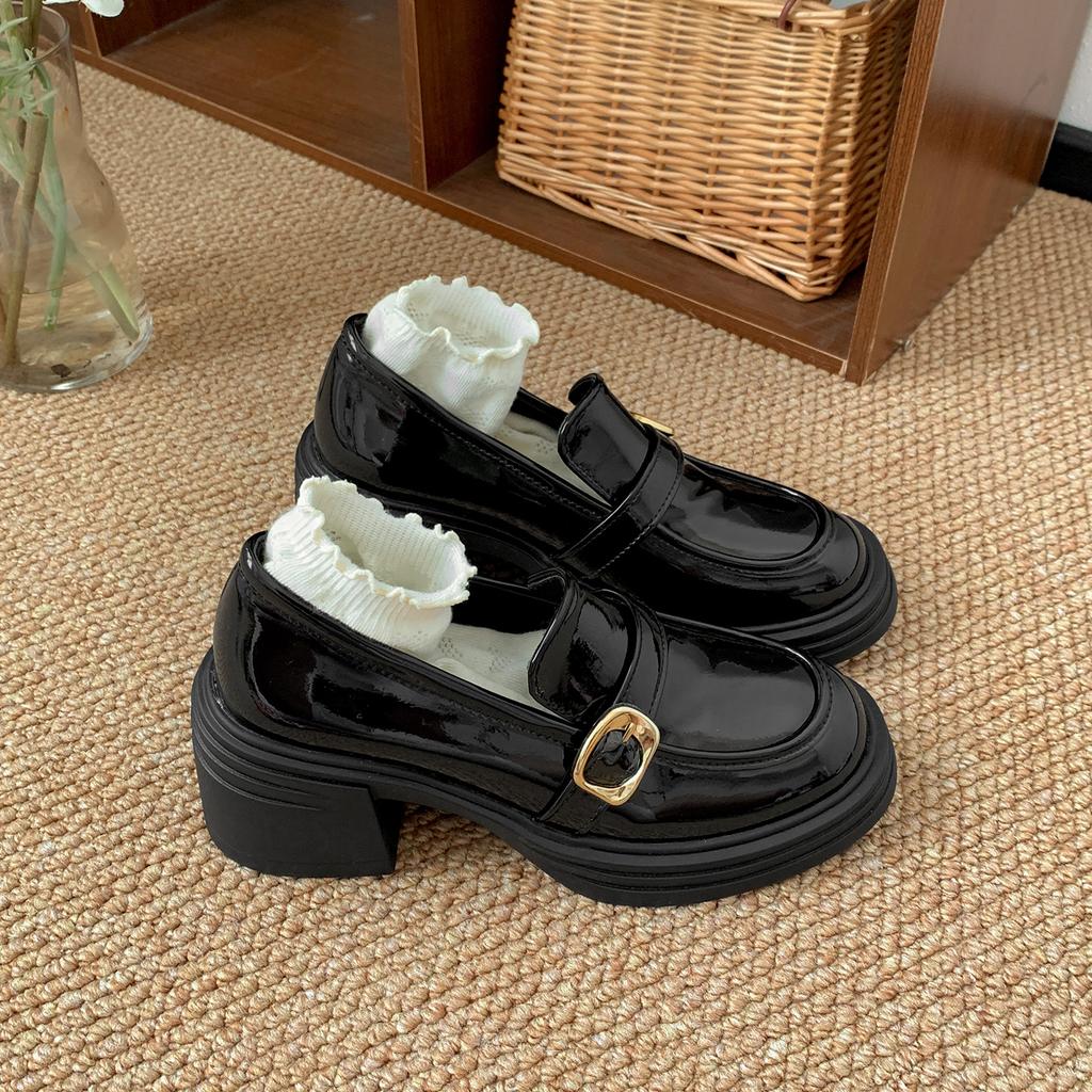Black Retro British Style Thick High-heeled Small Leather Shoes Women's 2025 New Autumn Skirt Heightening Versatile Loafers