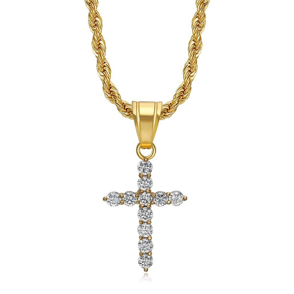 Hot-selling Hip Hop Jewelry Titanium Steel Gold-plated Zircon Cross Pendant Necklace
