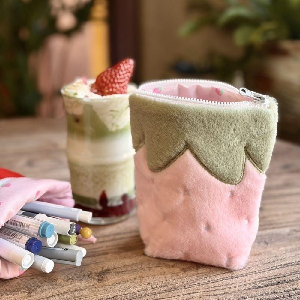 Multi-functional Pencil Case Strawberry Shape Standing Pen Bag Large Capacity Stationery Storage Bag Students