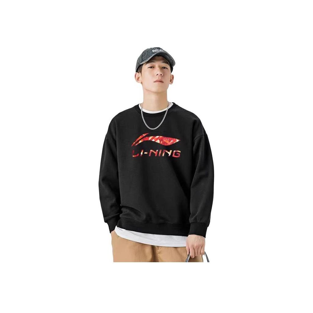 Li Ning Round Neck Pullover American Letter Print Drop Shoulder Loose Long Sleeve Elastic Waist Long Pants Casual Sports Suit YWDT525-2+AKLSC99-1